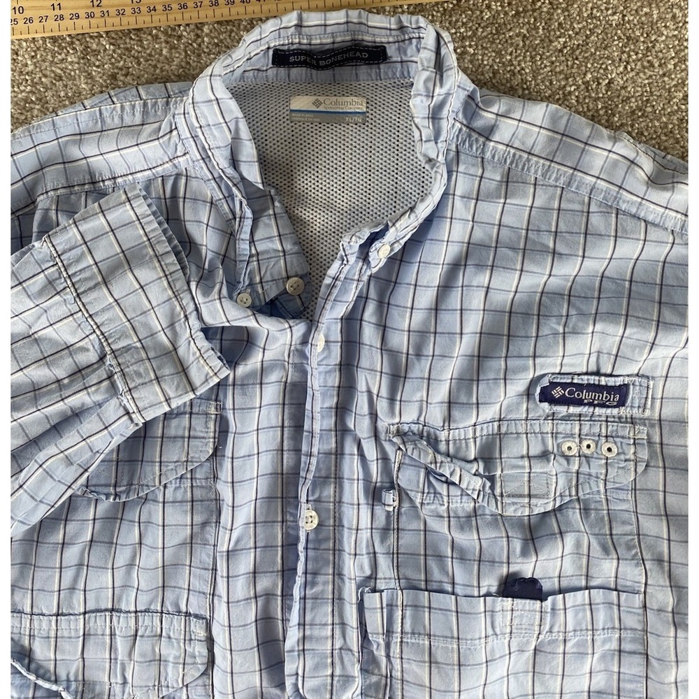 Columbia Super Bonehead PFG Shirt Mens XL Blue Plaid Vented Fishing‎ Hike Camp
